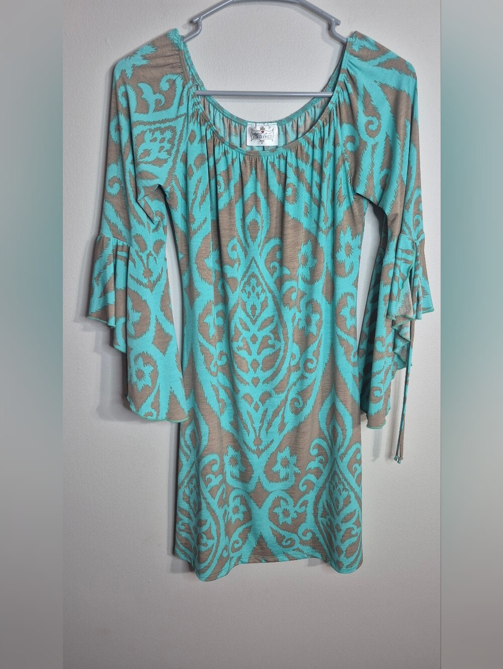 Southern Fried Chics Women's Turquoise and Taupe Printed Bell-Sleeve Dress/tunic